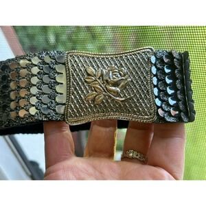 Vintage Metal Big Silver Tone Buckle Stretch Dress Blue Belt Scales Flower